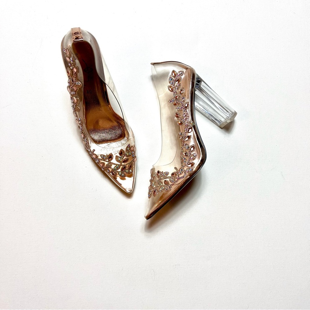 Clear Crystal Heels with Rose Gold Embellishments